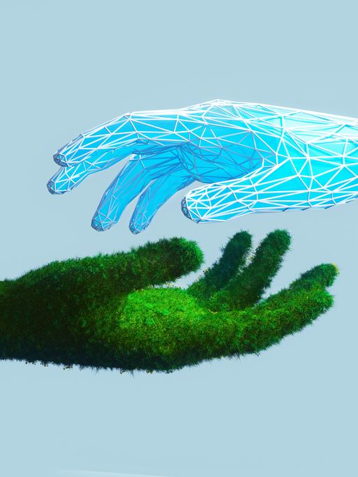 Illustration: Eine vektorbasierte KI-Hand greift in eine grüne Hand, die aus Pflanzen besteht.