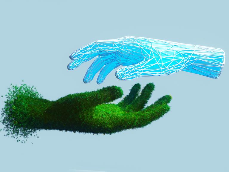 Illustration: Eine vektorbasierte KI-Hand greift in eine grüne Hand, die aus Pflanzen besteht.