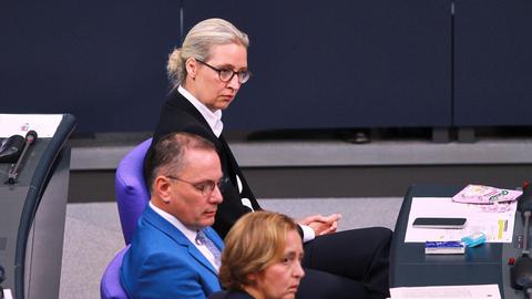 Die AfD-Politiker Alice Weidel, Tino Chrupalla und Beatrix von Storch (von oben nach unten) sitzen nebeneinander im Bundestag.