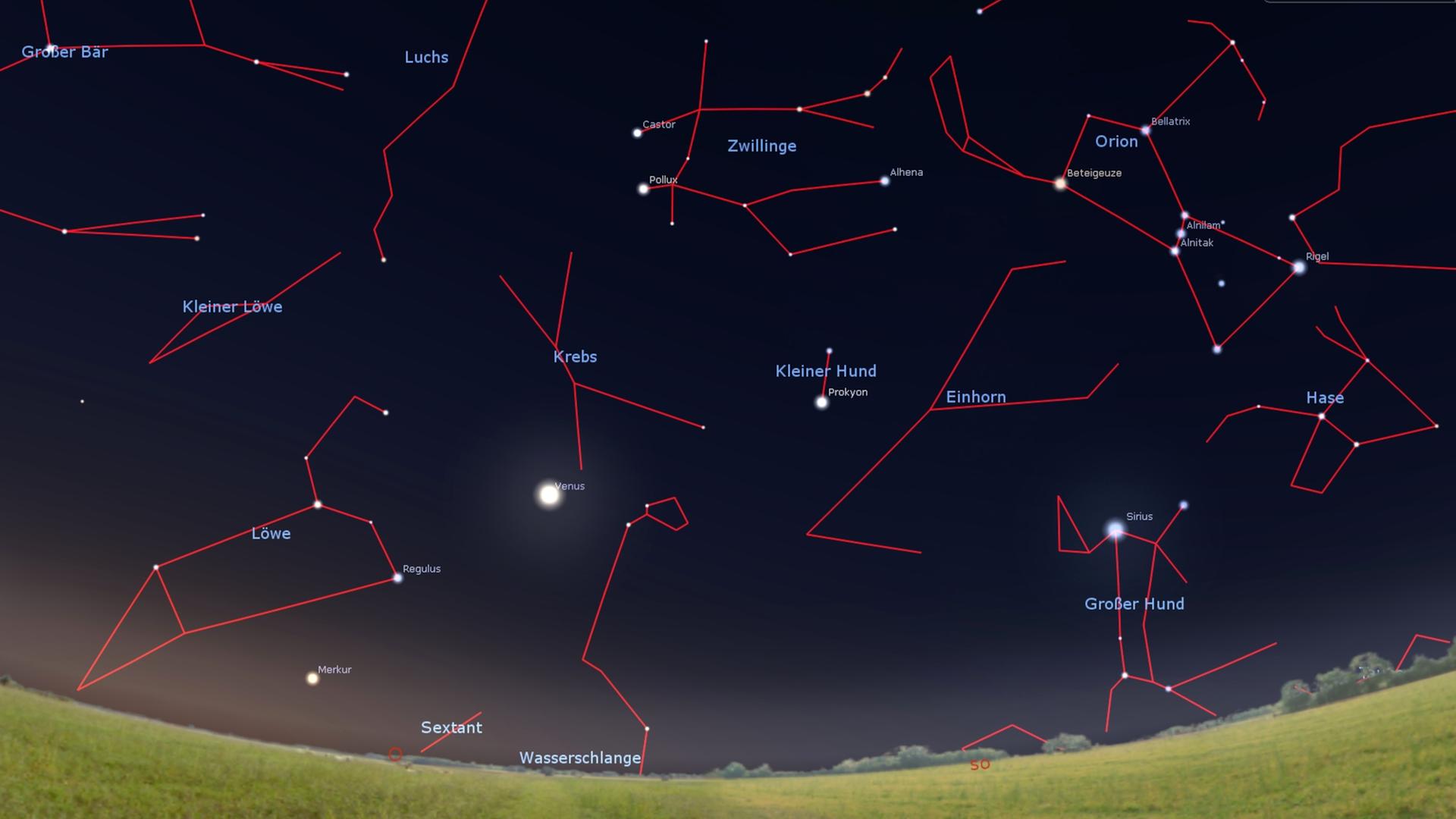 Der  Osthimmel am 20. September 2023: Die Venus strahlt - weit links unterhalb zeigt sich Merkur. Und im Südosten funkeln Sirius und Orion.