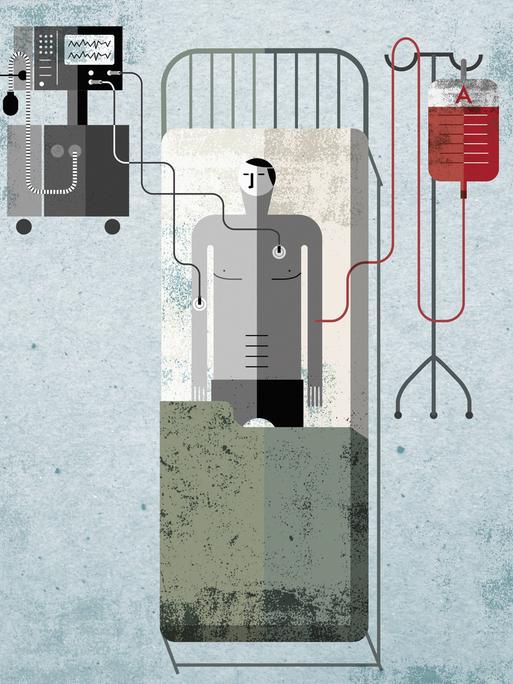 Illustration: Draufsicht eines Patienten im Krankenhausbett, angeschlossen an Tropf und Überwachungsmonitor. 