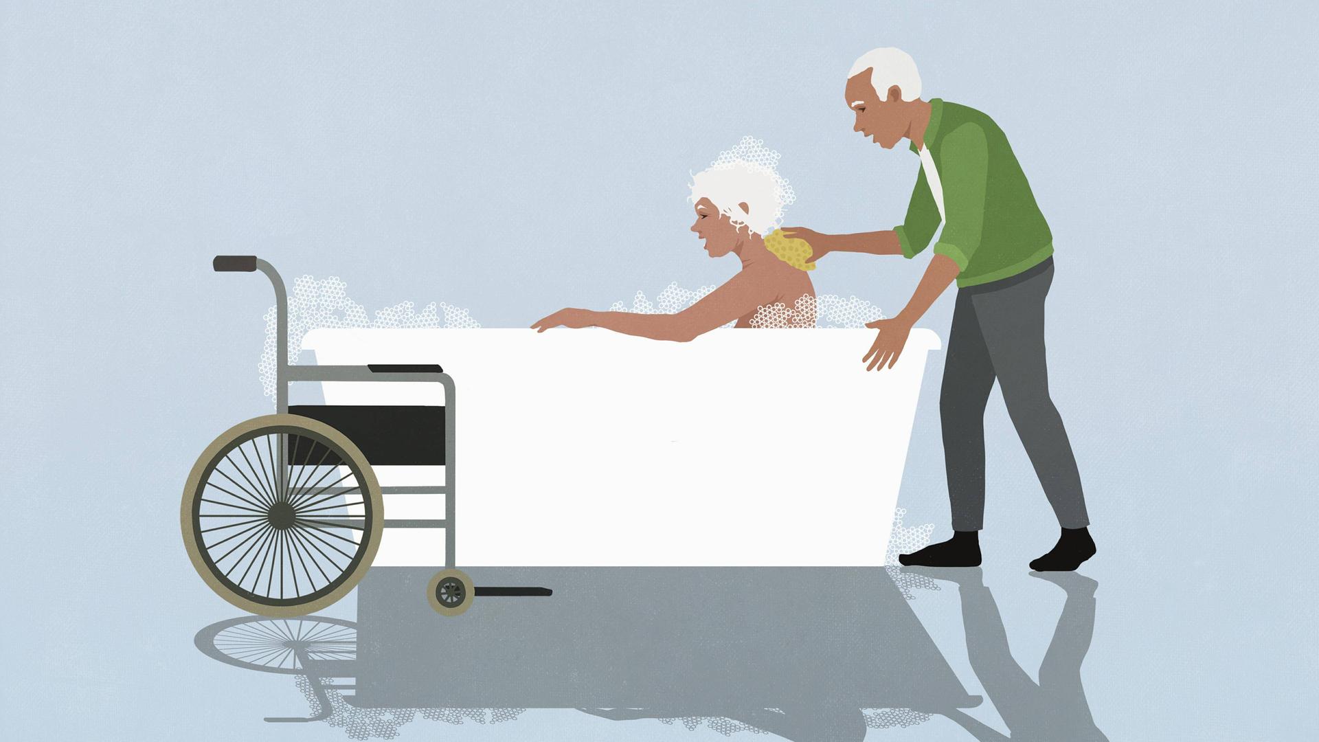 Illustration: Fürsorglicher älterer Ehemann hilft seiner pflegebedürftigen im Rollstuhl sitzenden Frau beim Baden in einer Badewanne