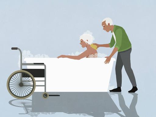 Illustration: Fürsorglicher älterer Ehemann hilft seiner pflegebedürftigen im Rollstuhl sitzenden Frau beim Baden in einer Badewanne Illustration: Fürsorglicher älterer Ehemann hilft seiner pflegebedürftigen im Rollstuhl sitzenden Frau beim Baden in einer Badewanne