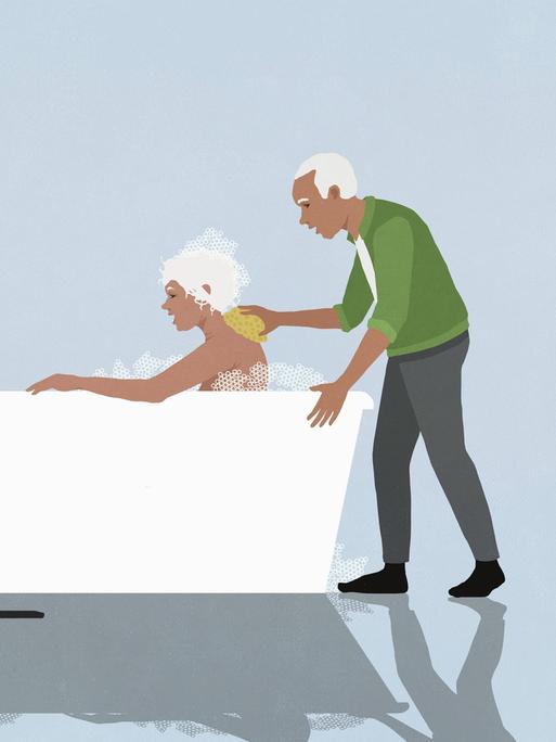 Illustration: Fürsorglicher älterer Ehemann hilft seiner pflegebedürftigen im Rollstuhl sitzenden Frau beim Baden in einer Badewanne Illustration: Fürsorglicher älterer Ehemann hilft seiner pflegebedürftigen im Rollstuhl sitzenden Frau beim Baden in einer Badewanne