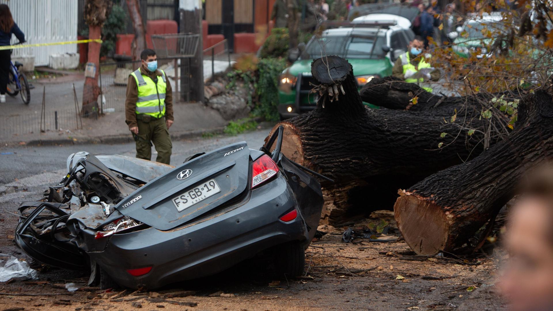 Chile, Santiago: Sicherheitskräfte sind im Einsatz, nachdem ein Auto von einem Baum beschädigt wurde und der Fahrer ums Leben kam. In manchen Gegenden soll in den vergangenen Tagen so viel Regen gefallen sein wie seit 30 Jahren nicht mehr. Chile, Santiago: Sicherheitskräfte sind im Einsatz, nachdem ein Auto von einem Baum beschädigt wurde und der Fahrer ums Leben kam. In manchen Gegenden soll in den vergangenen Tagen so viel Regen gefallen sein wie seit 30 Jahren nicht mehr.