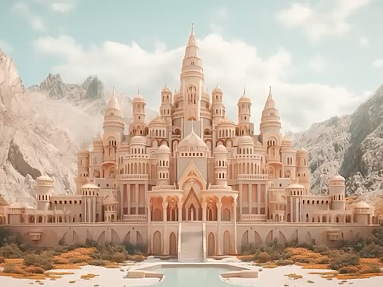 Ein Schloss aus einer Szene des Trailers "The Whimsical Fellowship" produziert vom Online-Portal Curious Refuge mit Hilfe einer künstlichen Intelligenz (KI). Im Stil von Wes Anderson wird ein Schloss, das an Herr der RInge erinnert dargestellt.