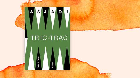 Das Cover des Buchs zeigt den Autornamen "Asjadi" und den Romantitel "Tric-Trac" vor einem schwarz-weiß-grünen Zackenmuster.