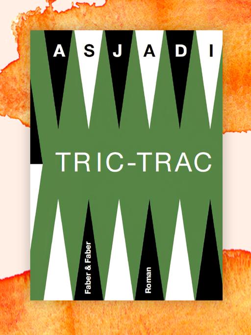 Das Cover des Buchs zeigt den Autornamen "Asjadi" und den Romantitel "Tric-Trac" vor einem schwarz-weiß-grünen Zackenmuster.