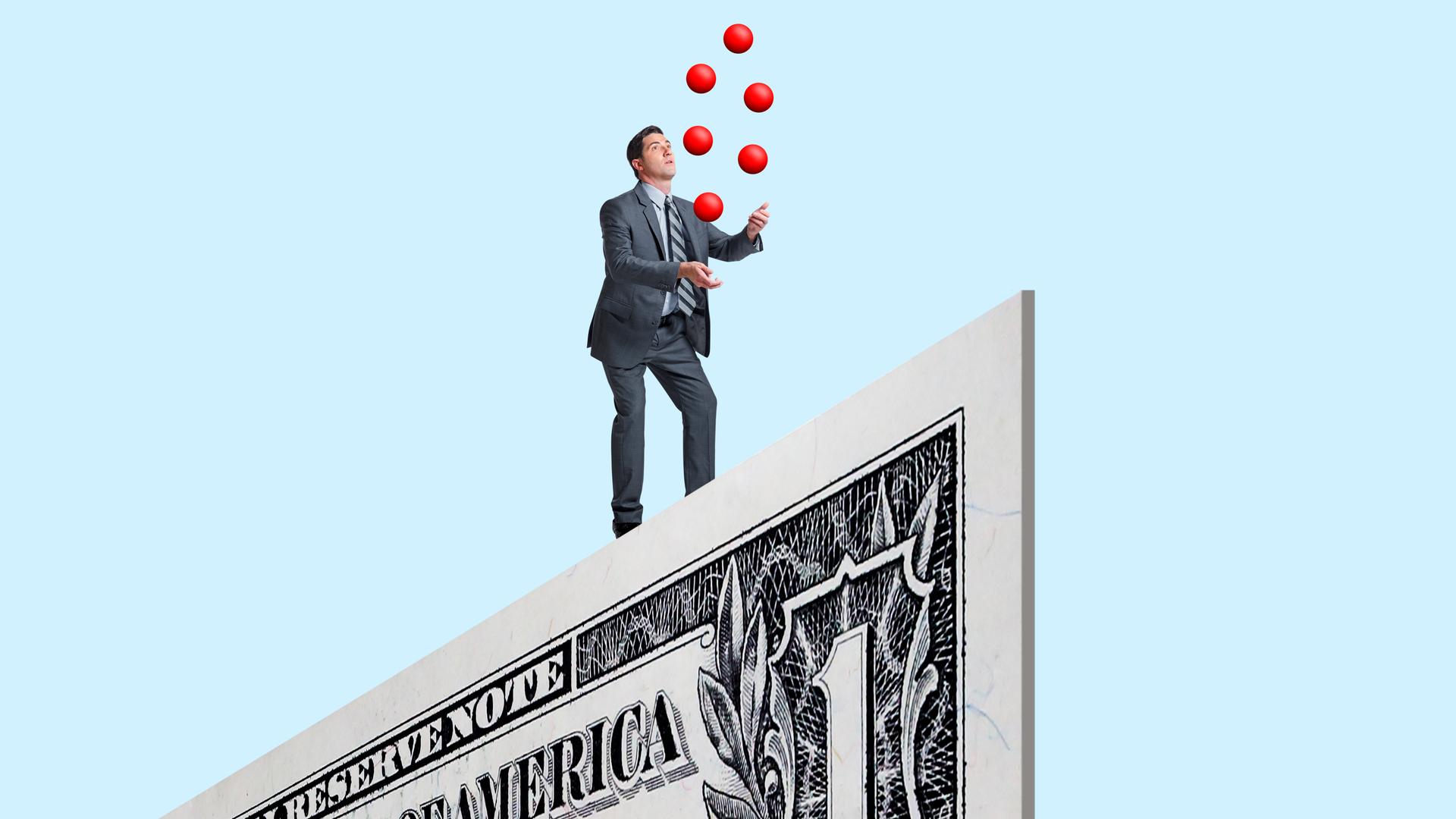 Illustration: Ein Mann im Anzug jongliert mit roten Bällen auf einer riesigen Dollarnote,