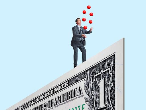 Illustration: Ein Mann im Anzug jongliert mit roten Bällen auf einer riesigen Dollarnote