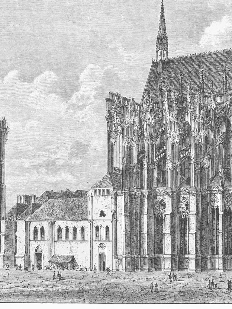 (Historischer Stich des unvollendeten Doms vo dem Weiterbau) Der Kölner Dom stand seit dem Baustopp 1528 als Torso, der Baukran über dem Südturm "wurde zum Symbol für eine zurückgebliebene Stadt." Erst 1823 wurde mit der Fertigstellung begonnen.  