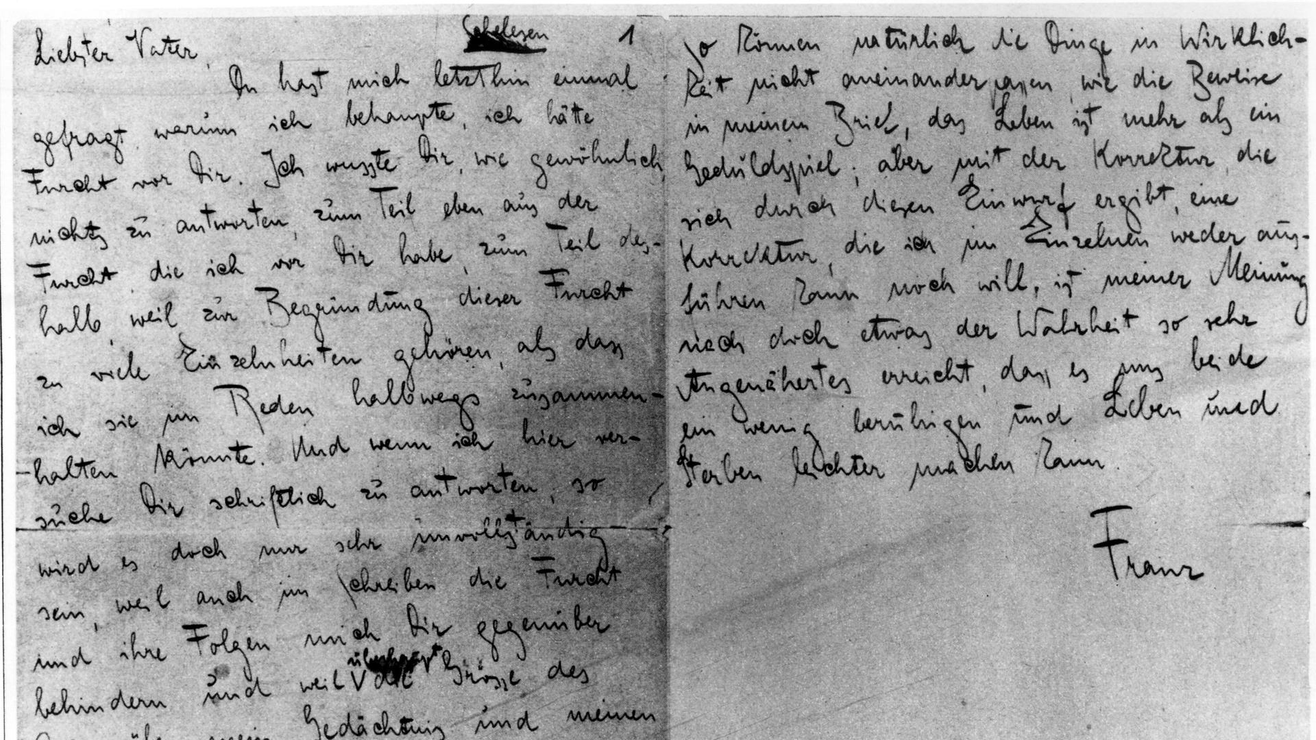 Die erste und die letzte Seite des Manuskriptes von Franz Kafka "Brief an den Vater"