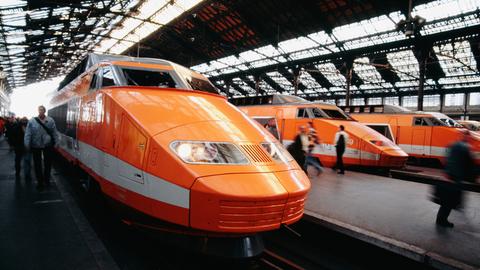 TGV Züge in orange stehen in einem Bahnhof.