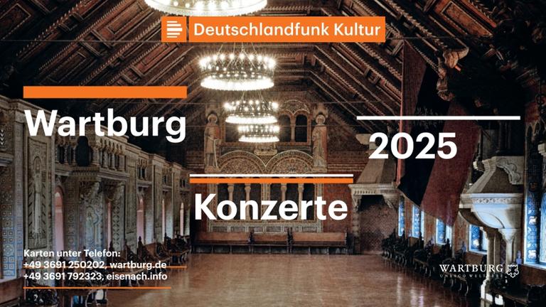 Logo Deutschlandfunk Kultur Wartburg Konzerte 2025 mit Blick in den Palas der Wartburg.