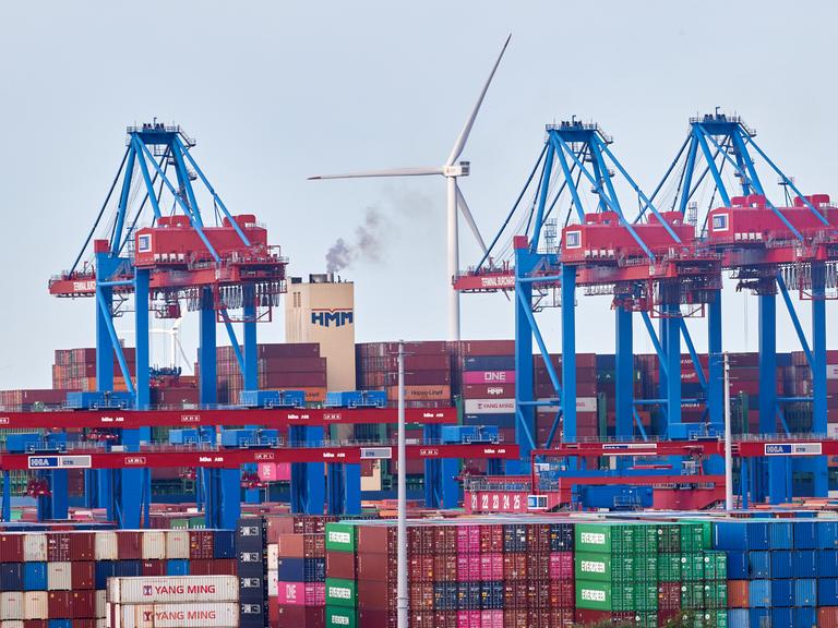Kräne, Container und ein Windrad sind im Hamburger Hafen zu sehen.