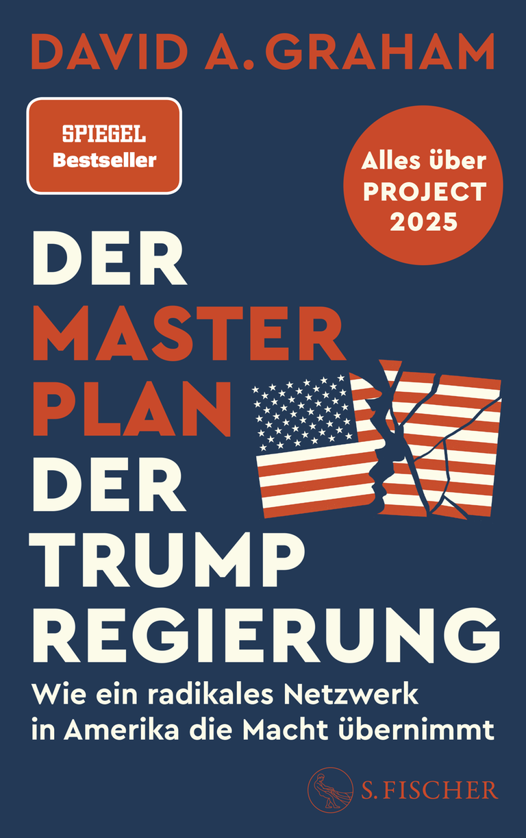 Cover eines Buches in roten und weißen Lettern sthet auf blauem Grund u.a. der Titel "Der Masterplan der Trump-Regierung" Cover eines Buches in roten und weißen Lettern sthet auf blauem Grund u.a. der Titel "Der Masterplan der Trump-Regierung"