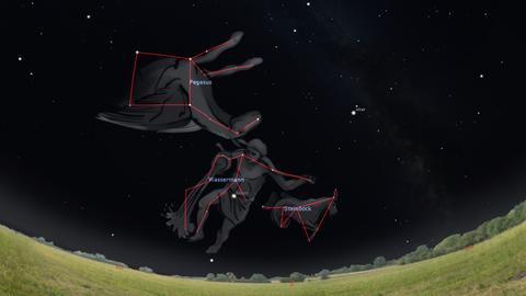 Der Wassermann ist eine große Figur zwischen dem Pegasus-Viereck und dem Steinbock - derzeit leuchtet der Ringplanet Saturn in diesem Sternbild.

	
