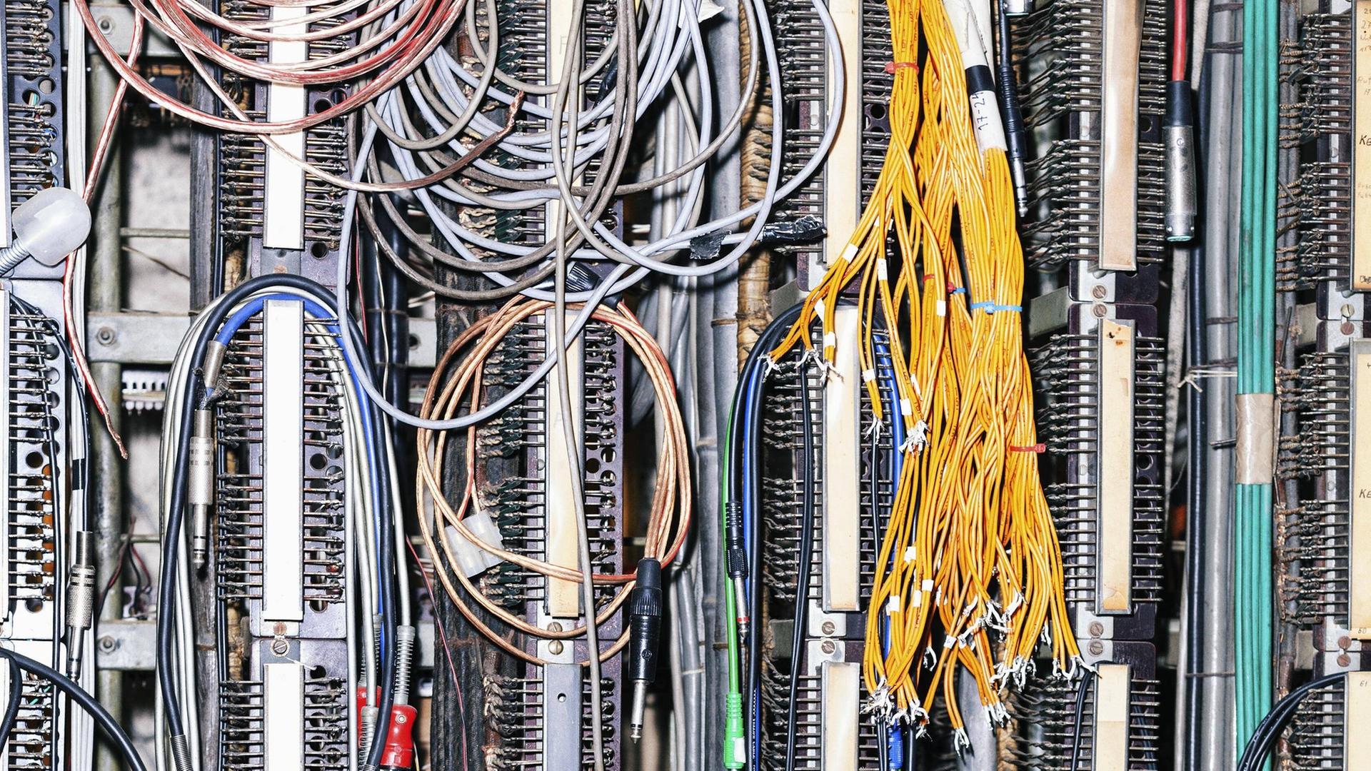 Aufnahme eines Netzwerkservers mit zahllosen bunten Kabeln.