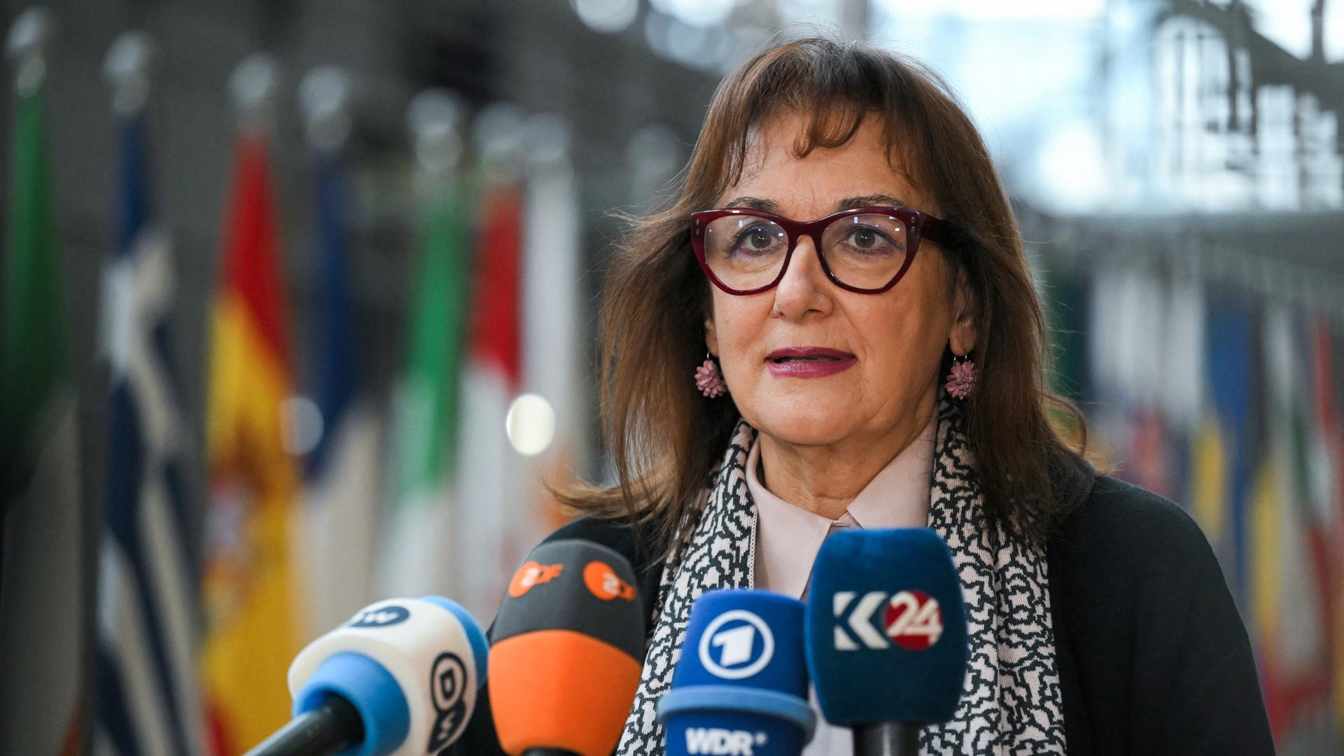 Die EU-Kommissarin für das Mittelmeer, Dubravka Suica, spricht in einige Mikrofone. Die EU-Kommissarin für das Mittelmeer, Dubravka Suica, spricht in einige Mikrofone.