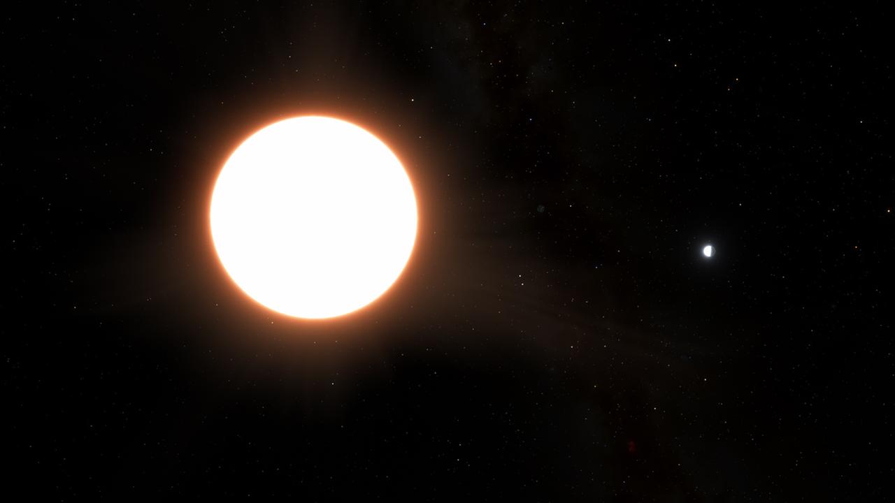 Die grafische Darstellung zeigt, wie der Exoplanet LTT9779b (rechts) um seinen Heimatstern kreist. Der Planet ist ungefähr so groß wie der Neptun und reflektiert bis zu 80 Prozent des Lichts. Er ist damit der größte bekannte Spiegel im Universum.