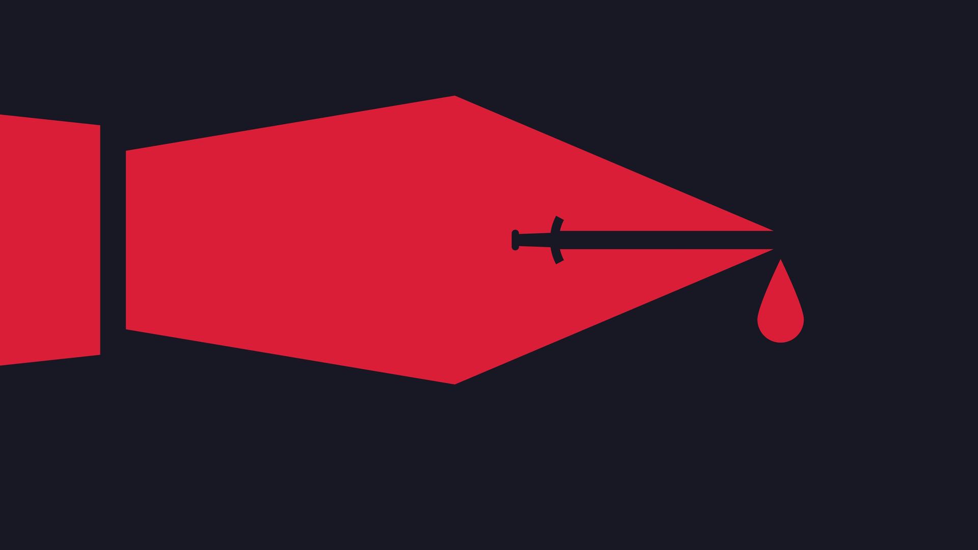 Grafische Illustration zeigt eine stilisierte rote Schreibfederer mit einem Schwert als Schlitz und einem Blutstropfen auf schwarzem Hintergrund.