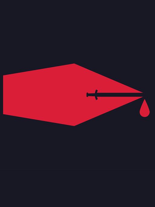 Grafische Illustration zeigt eine stilisierte rote Schreibfederer mit einem Schwert als Schlitz und einem Blutstropfen auf schwarzem Hintergrund.