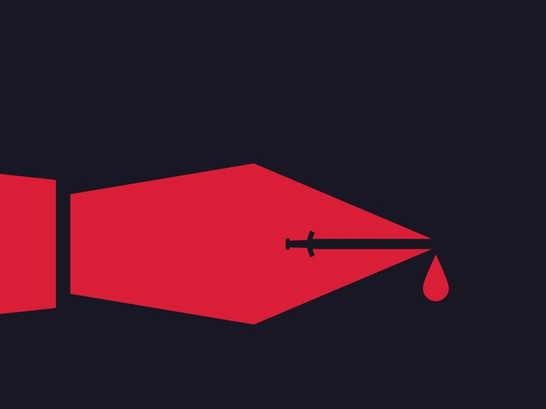 Grafische Illustration zeigt eine stilisierte rote Schreibfederer mit einem Schwert als Schlitz und einem Blutstropfen auf schwarzem Hintergrund.