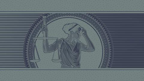 Eine Illustration, die an einen Dollar-Geldschein erinnert. Eine Justizia die den Kopf von der Wage wegdreht und sich die linke Hand an die Stirn hält ist in der Mitte abgebildet.