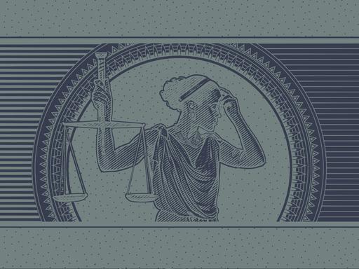 Eine Illustration, die an einen Dollar-Geldschein erinnert. Eine Justizia die den Kopf von der Wage wegdreht und sich die linke Hand an die Stirn hält ist in der Mitte abgebildet.
