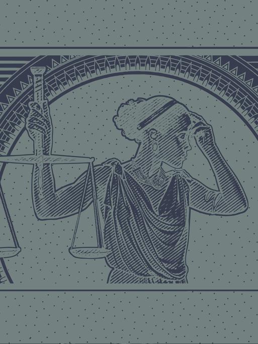 Eine Illustration, die an einen Dollar-Geldschein erinnert. Eine Justizia die den Kopf von der Wage wegdreht und sich die linke Hand an die Stirn hält ist in der Mitte abgebildet.