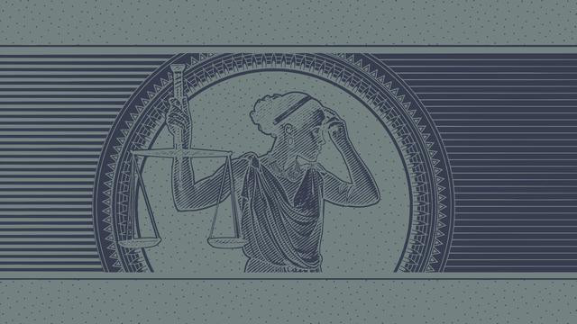 Eine Illustration, die an einen Dollar-Geldschein erinnert. Eine Justizia die den Kopf von der Wage wegdreht und sich die linke Hand an die Stirn hält ist in der Mitte abgebildet.