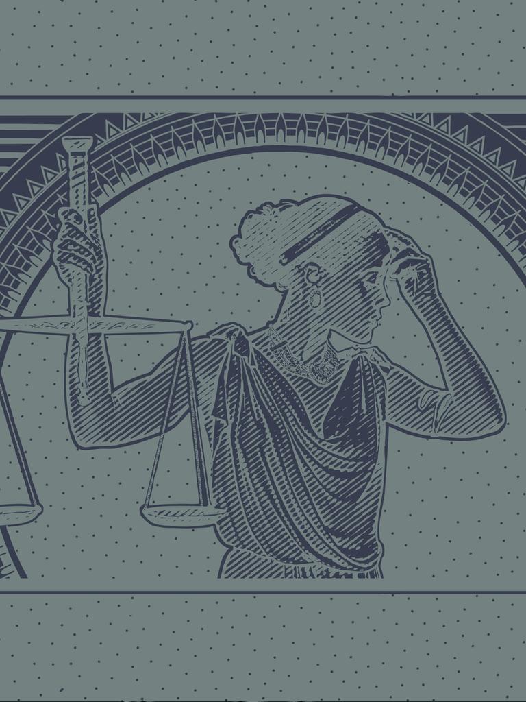 Eine Illustration, die an einen Dollar-Geldschein erinnert. Eine Justizia die den Kopf von der Wage wegdreht und sich die linke Hand an die Stirn hält ist in der Mitte abgebildet.