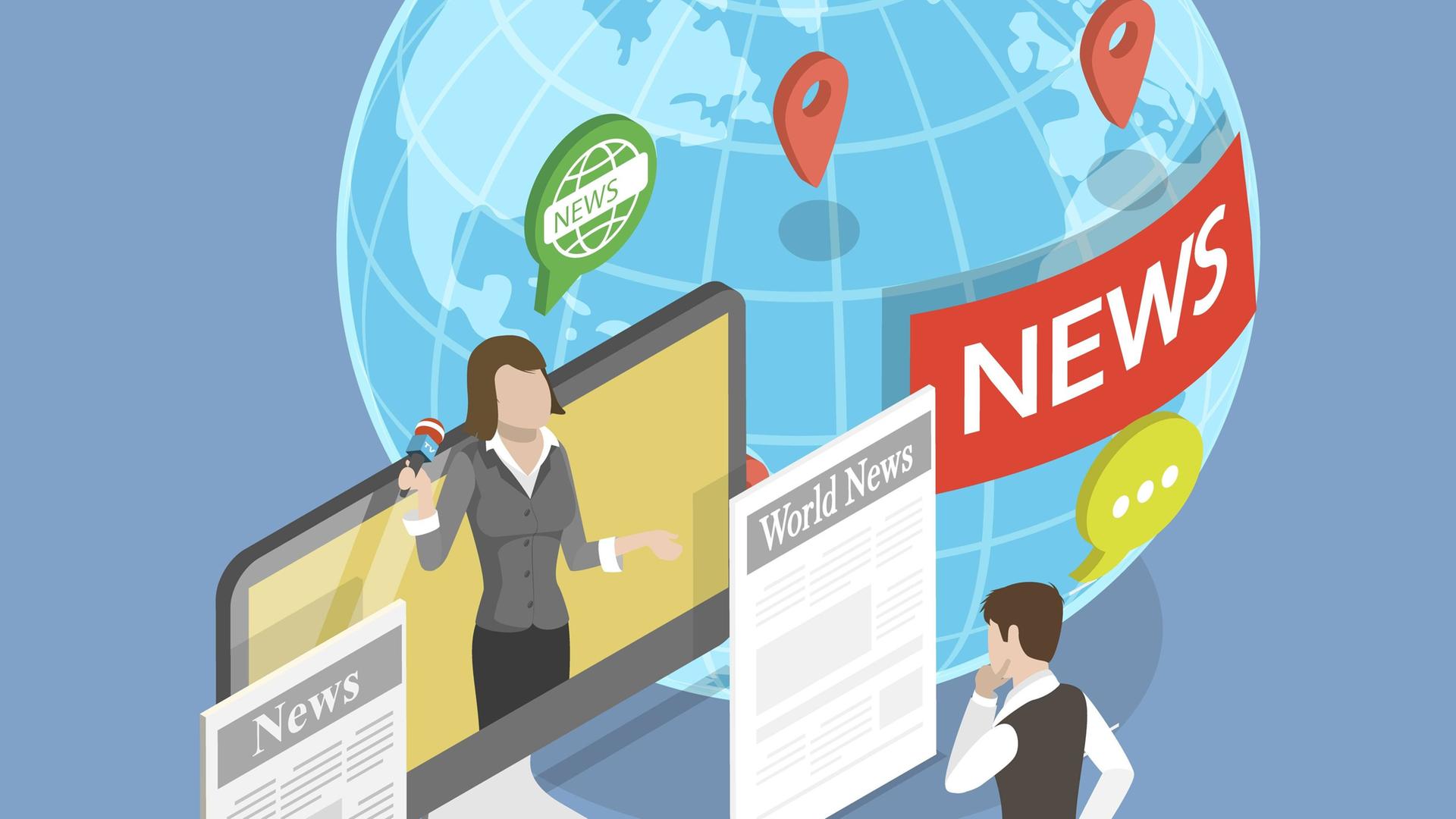 Illusgtration der Massenmedien zeigt eine Weltkugel mit News und zwei Journalisten Illusgtration der Massenmedien zeigt eine Weltkugel mit News und zwei Journalisten