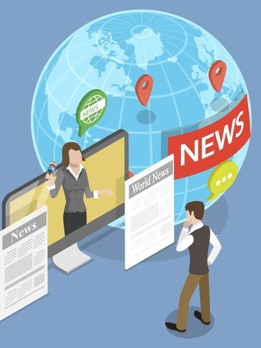Illusgtration der Massenmedien zeigt eine Weltkugel mit News und zwei Journalisten