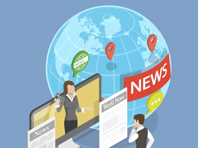 Illusgtration der Massenmedien zeigt eine Weltkugel mit News und zwei Journalisten