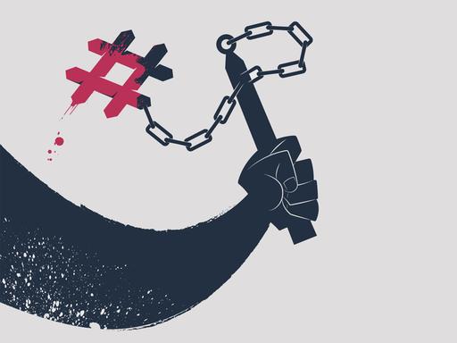 Illustration einer Hand mit einer schwingenden Kettenkeule, an deren Ende ein rot eingefärbtes Hashtag-Zeichen befestigt ist.