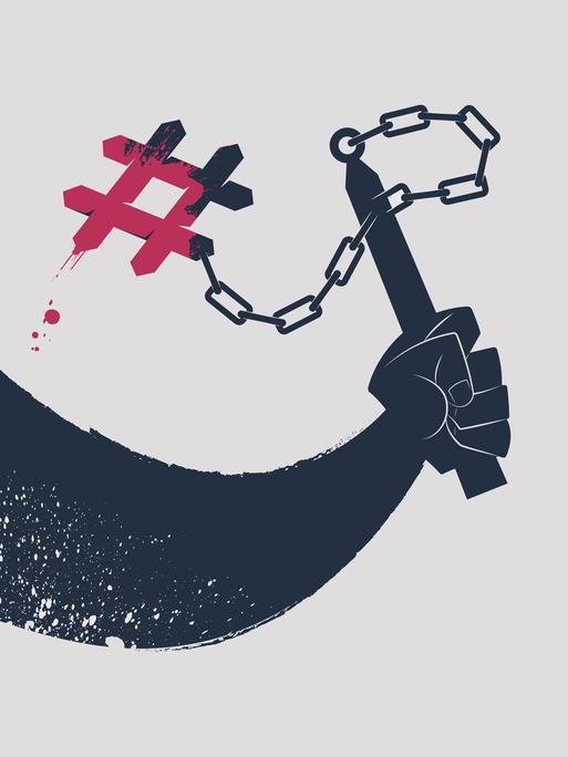 Illustration einer Hand mit einer schwingenden Kettenkeule, an deren Ende ein rot eingefärbtes Hashtag-Zeichen befestigt ist.