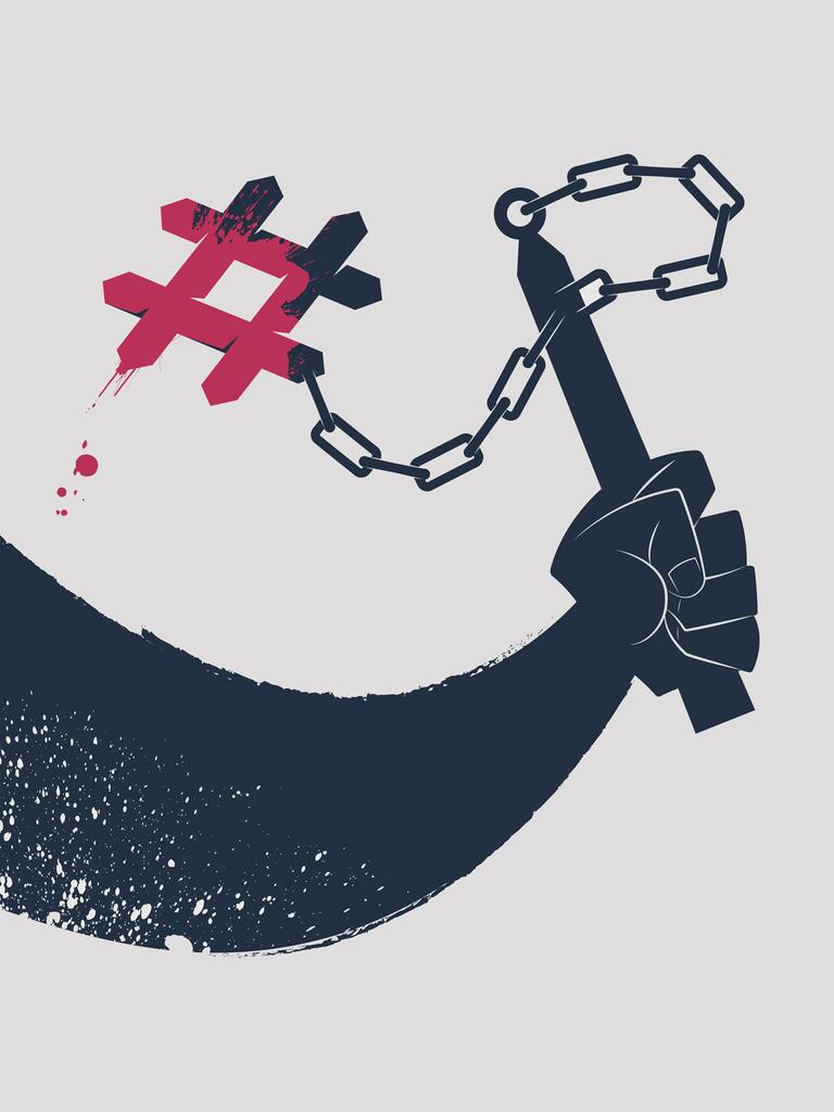 Illustration einer Hand mit einer schwingenden Kettenkeule, an deren Ende ein rot eingefärbtes Hashtag-Zeichen befestigt ist.