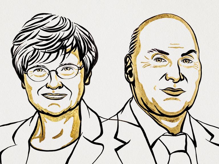 Eine Illustration zeigt die beiden Wissenschaftler Katalin Karikó und Drew Weissman.