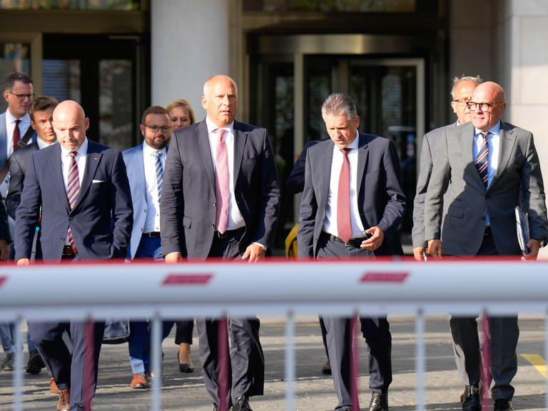 Alexander Hoffmann, Roman Poseck, Thorsten Frei und Alexander Throm beim Pressestatement der CDU/CSU nach den Beratungen zwischen Ampel, Union und Ländern im Bundesinnenministerium. Berlin, 10.09.2024