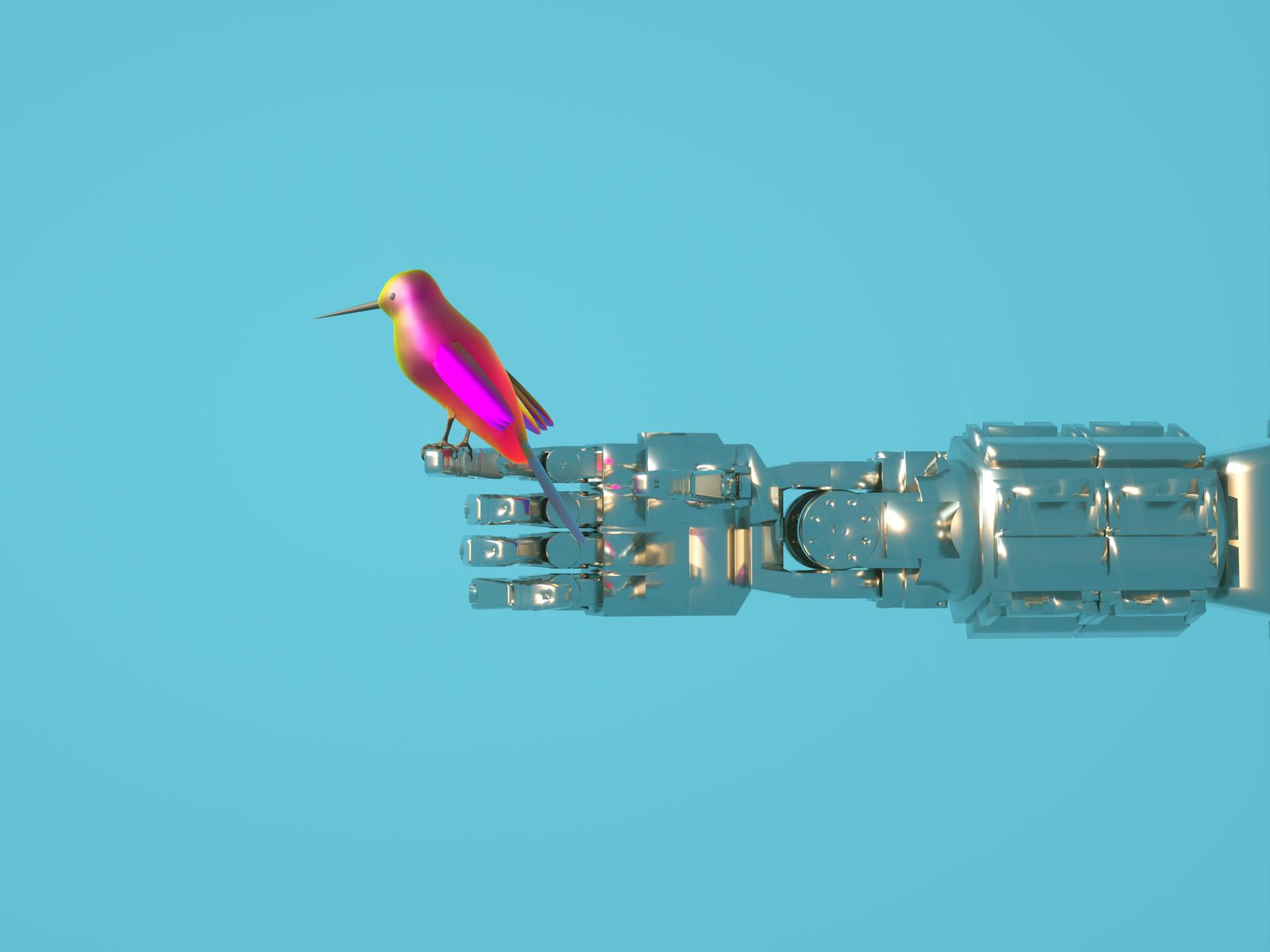 Ein bunter kleiner Vogel sitzt auf einem ausgestrecktem Roboterarm (Symbolbild)