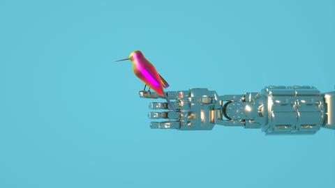 Ein bunter kleiner Vogel sitzt auf einem ausgestrecktem Roboterarm (Symbolbild)