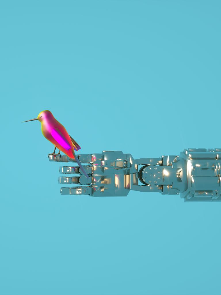 Ein bunter kleiner Vogel sitzt auf einem ausgestrecktem Roboterarm (Symbolbild)