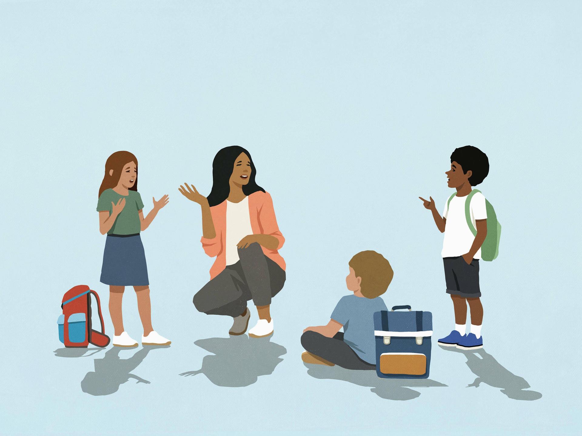 Illustration: Lehrerin mit einer Schülerin und zwei Schülern Illustration: Lehrerin mit einer Schülerin und zwei Schülern
