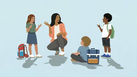 Illustration: Lehrerin mit einer Schülerin und zwei Schülern