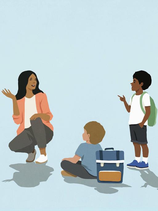 Illustration: Lehrerin mit einer Schülerin und zwei Schülern