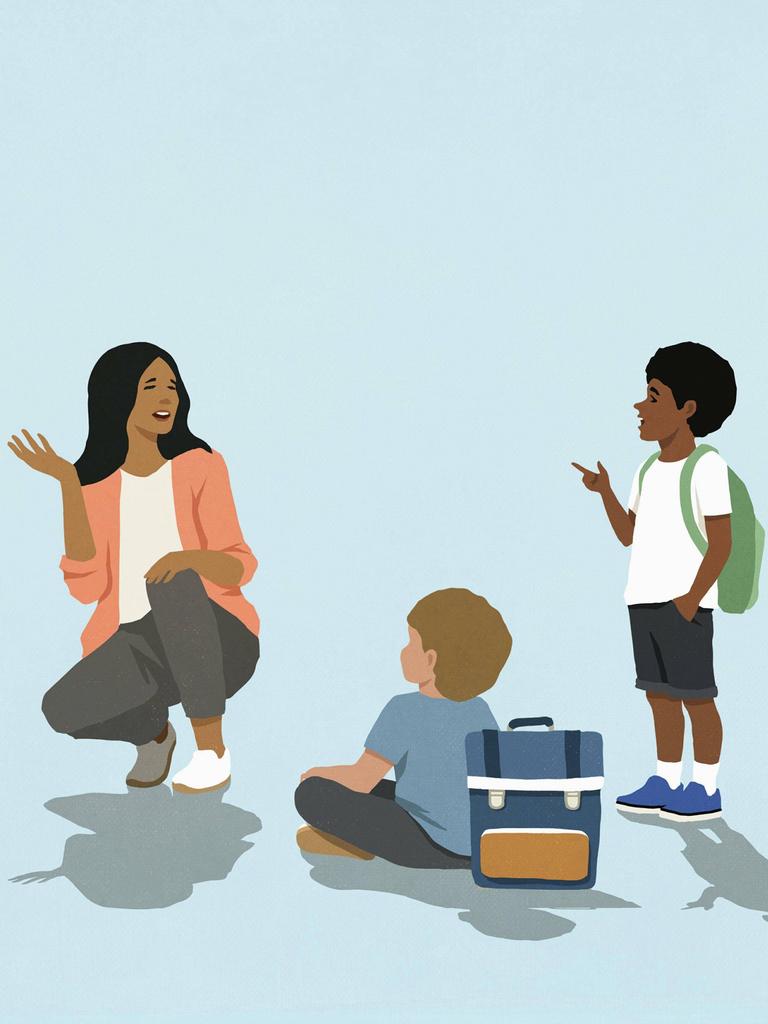 Illustration: Lehrerin mit einer Schülerin und zwei Schülern Illustration: Lehrerin mit einer Schülerin und zwei Schülern