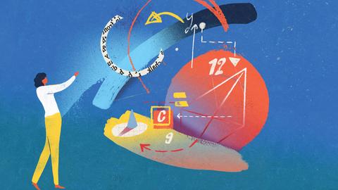 Ein malerische Illustration zeigt eine Frau die an einer komplexen mathematische Idee arbeitet