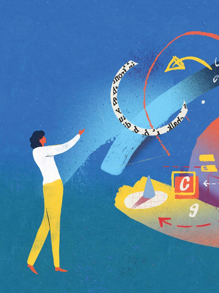 Ein malerische Illustration zeigt eine Frau die an einer komplexen mathematische Idee arbeitet