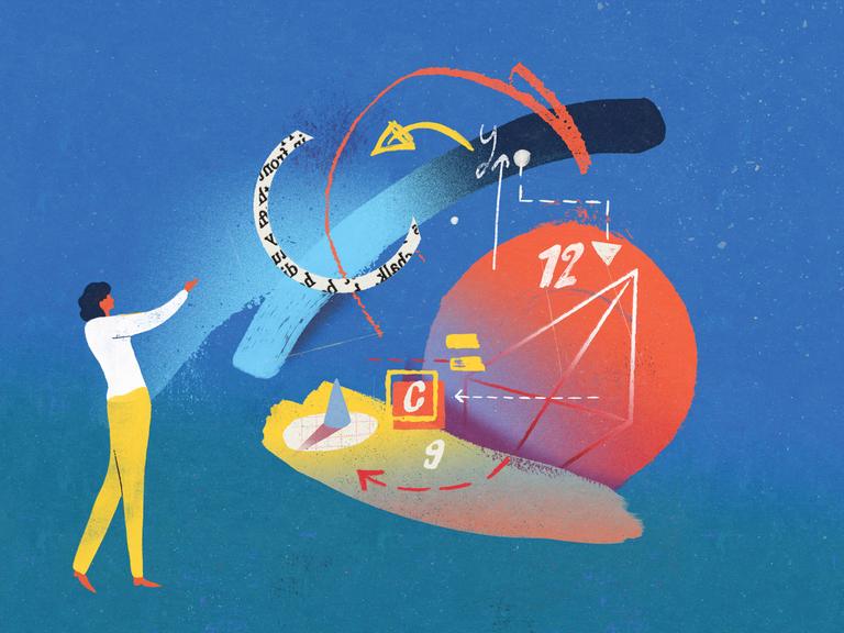 Ein malerische Illustration zeigt eine Frau die an einer komplexen mathematische Idee arbeitet